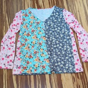 Source Unknown Floral Patchwork Long Sleeve Top - Turquoise, Gray, Pink